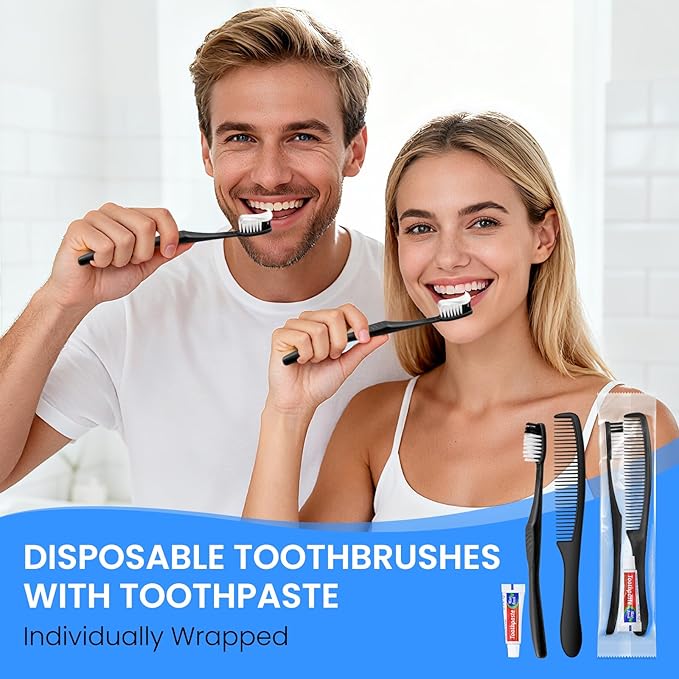 Black Disposable Toothbrushes with Toothpaste and Comb - Pack of 30,Individually Wrapped Single Use Travel Toothbrushes Kit Bulk for Homeless,Guests,Hotel