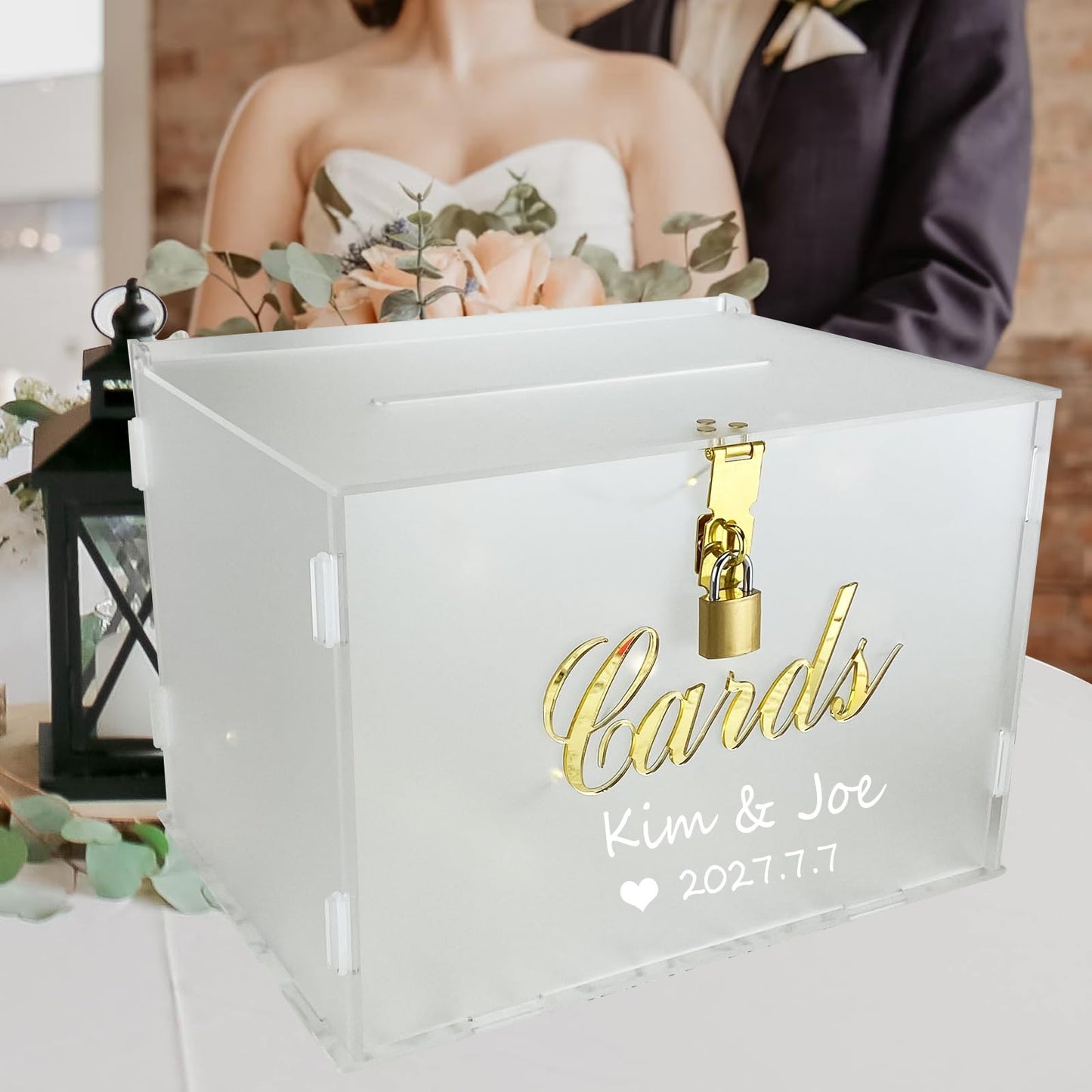 FCDECOR 11" Frosted Wedding Card Box with Lock, Acrylic Gift Card Box for Wedding Decorations for Reception, Honeymoon Fund Money Box for Bridal Shower Decorations Party Reception Anniversary