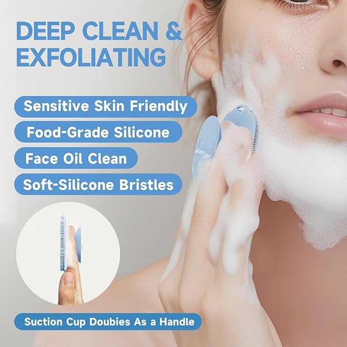2 PCS Face Scrubber, Soft Silicone Face Exfoliator with Suction Cup for Man and Women Deep Skin Clean, Gentle Facial Cleaning Brush Suitable for All Sensitive Skin (Pink+Blue)