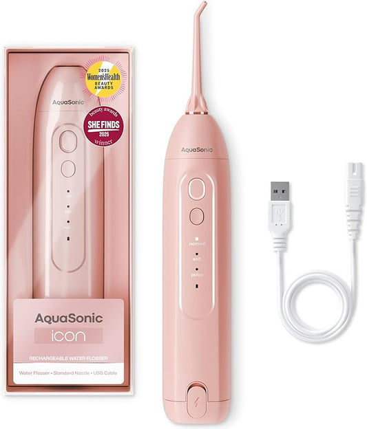 AquaSonic Icon Water Flosser for Teeth – Cordless Rechargeable Oral Irrigator – Waterproof, Portable Dental Cleaning with Jet Tip – Braces Home Travel - Blush