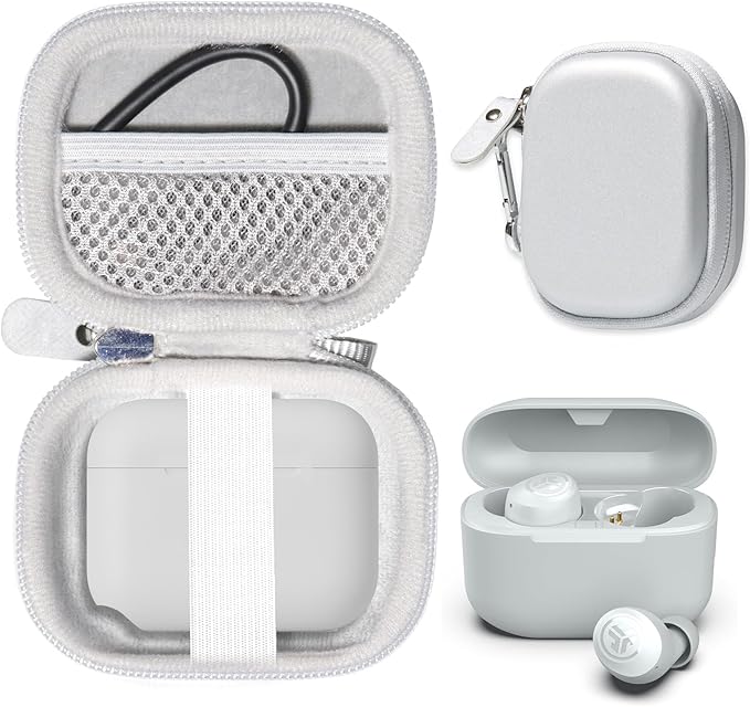 CaseSack Case for JLab Go Pop+,Go Air Pop, Air, Air Tones+/ Tones, JBuds Mini True Wireless Earbuds, Compact Organizer for The Charger case and Charger Cord (White)