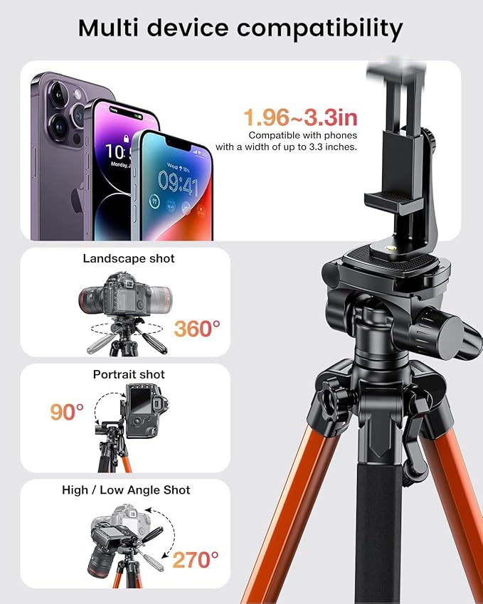 74"-Camera-Tripod, Professional Aluminum Heavy Duty Tripod Stand for Mirrorless Camera/DSLR/Cell Phone/Camcorder, with Holder and Travel Bag (Orange)