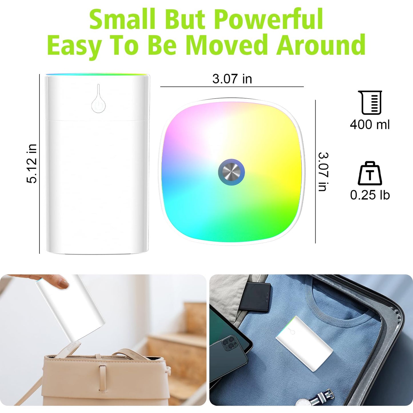 Portable Mini Humidifiers for Bedroom, 400ml Aroma Diffuser for Home Personal Desktop Plant Humidifier Indoor Fragrance Aroma Diffuser with 2 Modes, Night Light and Auto-Off Small Diffuser for Car