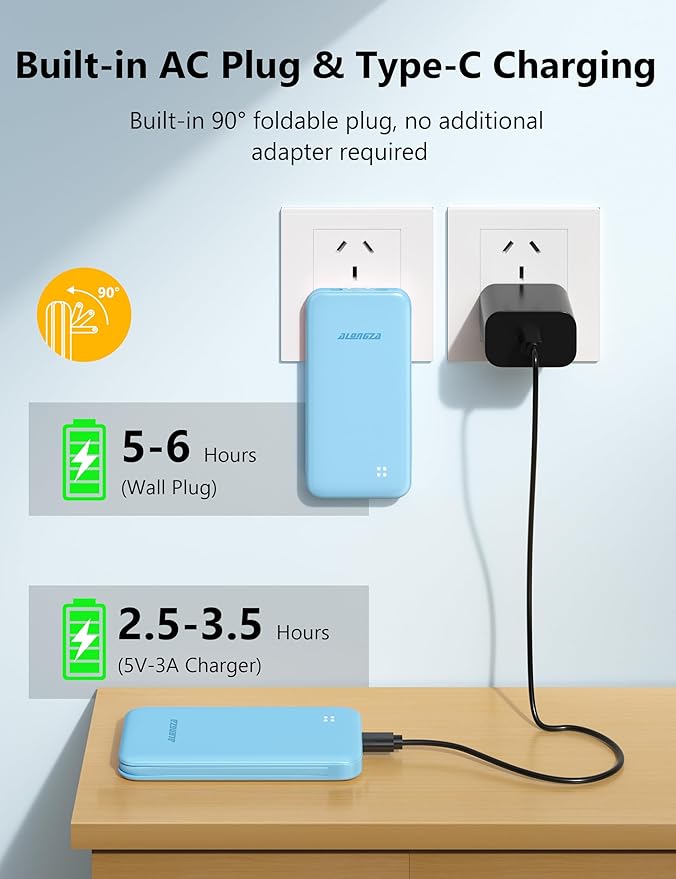 Alongza Portable Charger Built-in Cables and AC Wall Plug, Slim Fast Charging Power Bank 10000mAh, Lightweight USB C External Battery Pack Compact Travel Cell Phone Charger