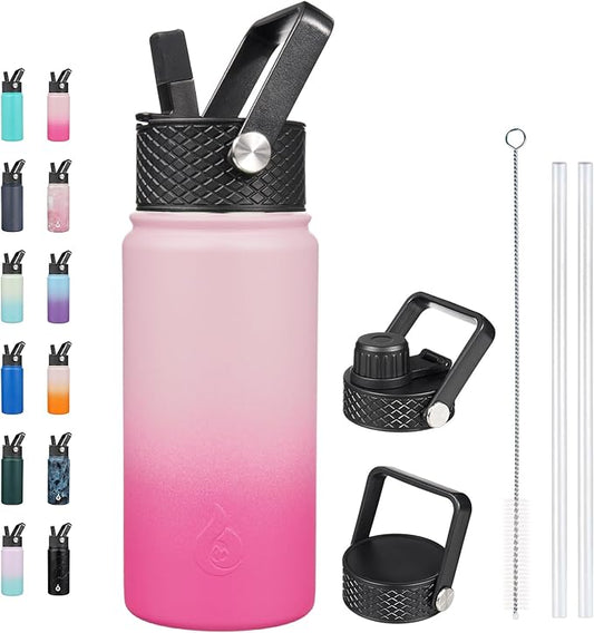 BJPKPK Insulated Water Bottles with Straw Lid, 18oz Stainless Steel Metal Water Bottle, Cold Hot Thermo with 3 Lids, Leak Proof BPA Free Travel Cup, Wide Mouth Flasks, Thermo -Cherry