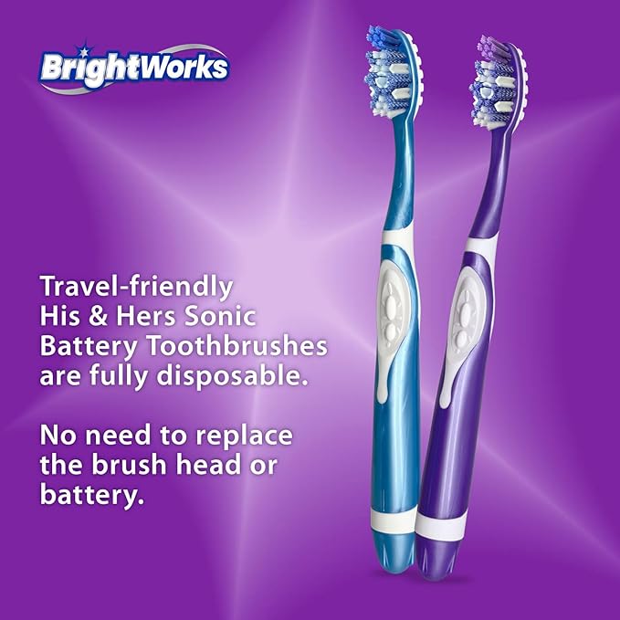 BrightWorks Sonic Battery Powered Toothbrush (2-Pack) (Blue/Purple) Soft Multi-Level Bristles for Whole Mouth, Vibrating Bristles Deep Clean, with Whitening Pads and Tongue Cleaner.