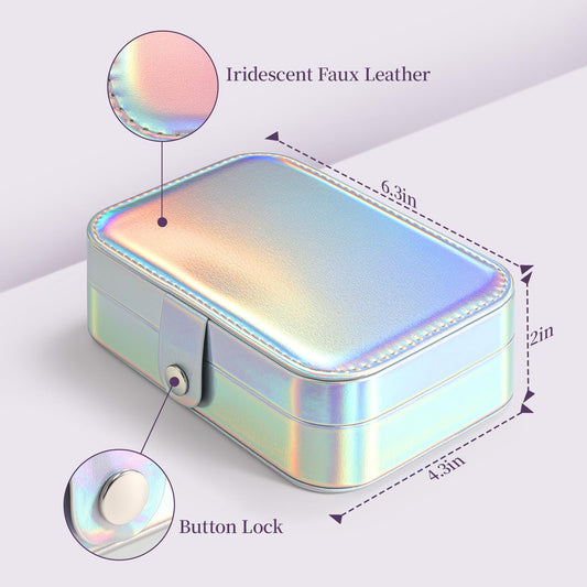 LAMU Travel Jewelry Box,Portable Jewelry Organizers and Stroage, Iridescent Rainbow Small Jewelry Case for Earrings Rings Necklaces,Travel Essentials for Women Girls Bridesmaid Gifts (Silver)