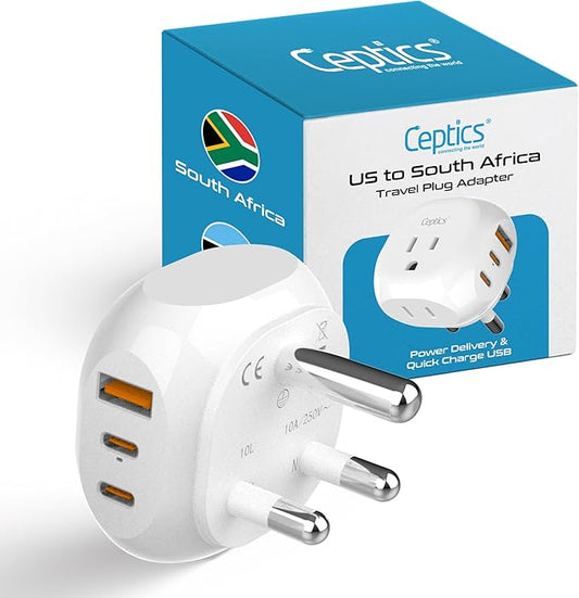Ceptics South Africa Travel Adapter - 5 Input with QC 3.1A Dual USB and USB-C - Ultra Compact - Light Weight - USA to Any Type M Countries Such as Namibia, Botswana and More (PTU-10L), White