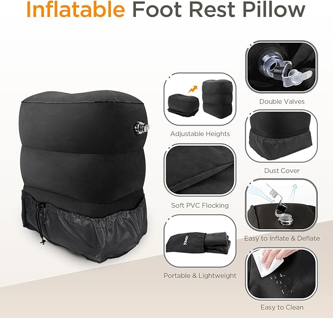 Inflatable Travel Foot Rest Pillow(2 Packs), Adjustable Height Leg Pillow，Fast Inflating Airplane Bed for Toddlers，Footrest Pillow for Office, Airplane，Train，Cars，Home (Black)