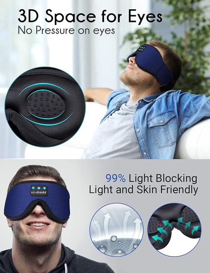 LC-dolida Sleep Headphones, Sleep Mask Bluetooth Wireless Music Eye Mask, Sleeping Headphones for Side Sleepers Sleep Mask with Bluetooth Headphones Ultra-Thin Stereo Speakers Perfect for Sleeping