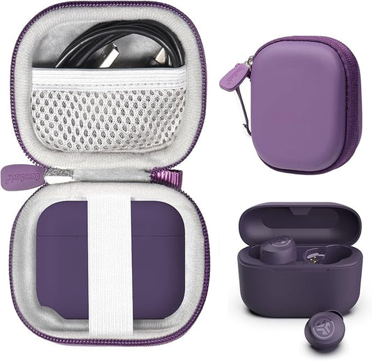 CaseSack Case for JLab Go Pop+,Go Air Pop, Air, Air Tones+/ Tones, JBuds Mini True Wireless Earbuds, Compact Organizer for The Charger case and Charger Cord (Purple)