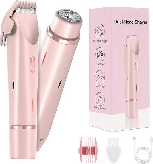 Bikini Trimmer for Women-2 in 1 Dual Head Electric Razors,IPX7 Waterproof Bikini Electric Shaver,Dry & Wet Use Painless Bikini Shaver,Pubic Hair Trimmer for Private Area & Body Hair, Pink