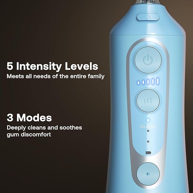 Bitvae Water Dental Flosser Teeth Pick, Cordless Flosser for Travel with 6 Jet Tips, 3 Modes 5 intensities, IPX7 Waterproof Portable & Rechargeable Oral Irrigator Cleaner, Sky Blue
