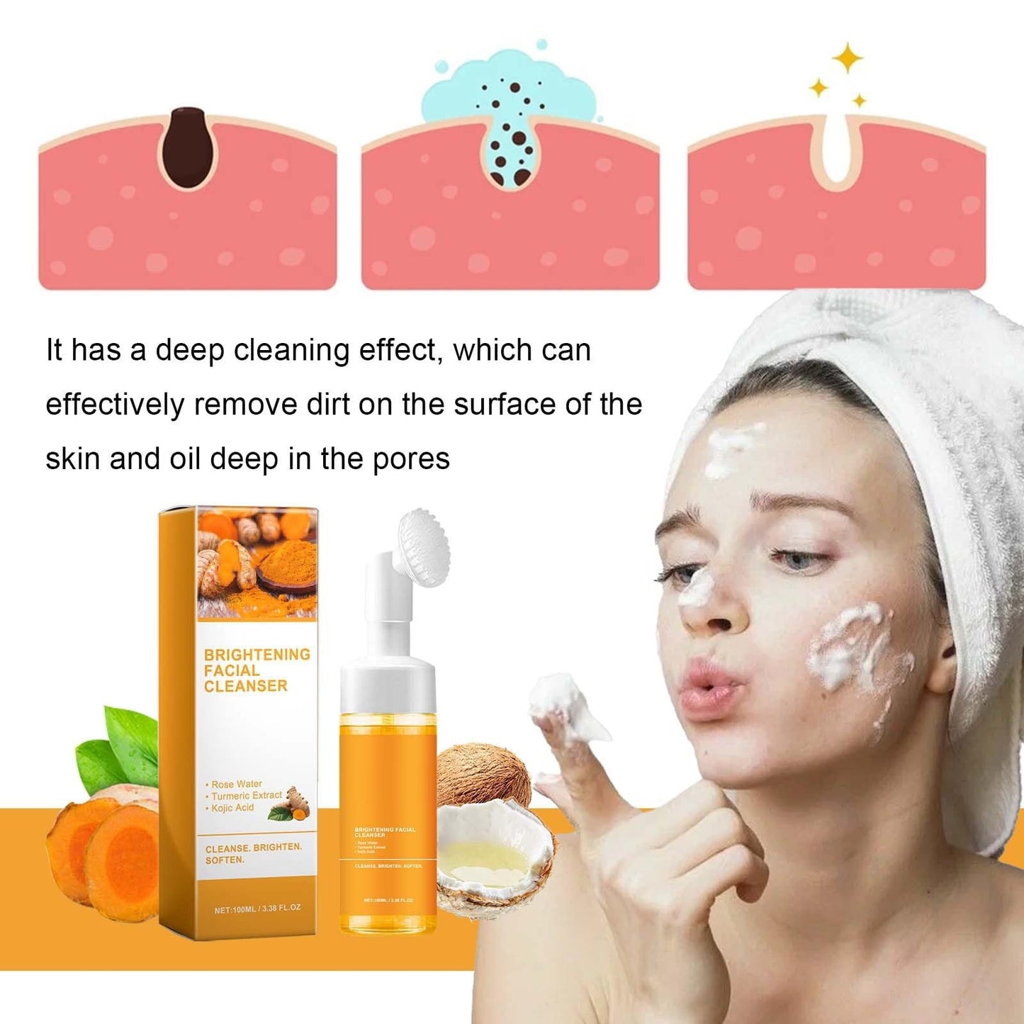 2 Pcs Turmeric Foaming Face Wash, Deep Cleansing Glow Wash Turmeric Facial Cleanser With Brush.
