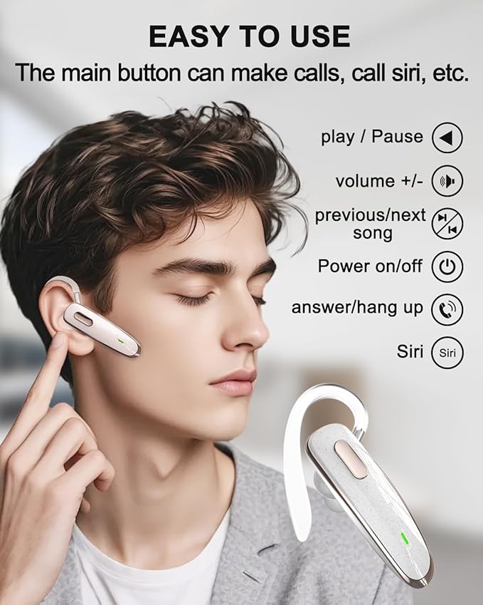 Bluetooth Headset, V5.1 Ultralight Wireless Handsfree Earpiece Cell Phone with Noise Cancellation Microphone for iOS Android Trucker Driver- White