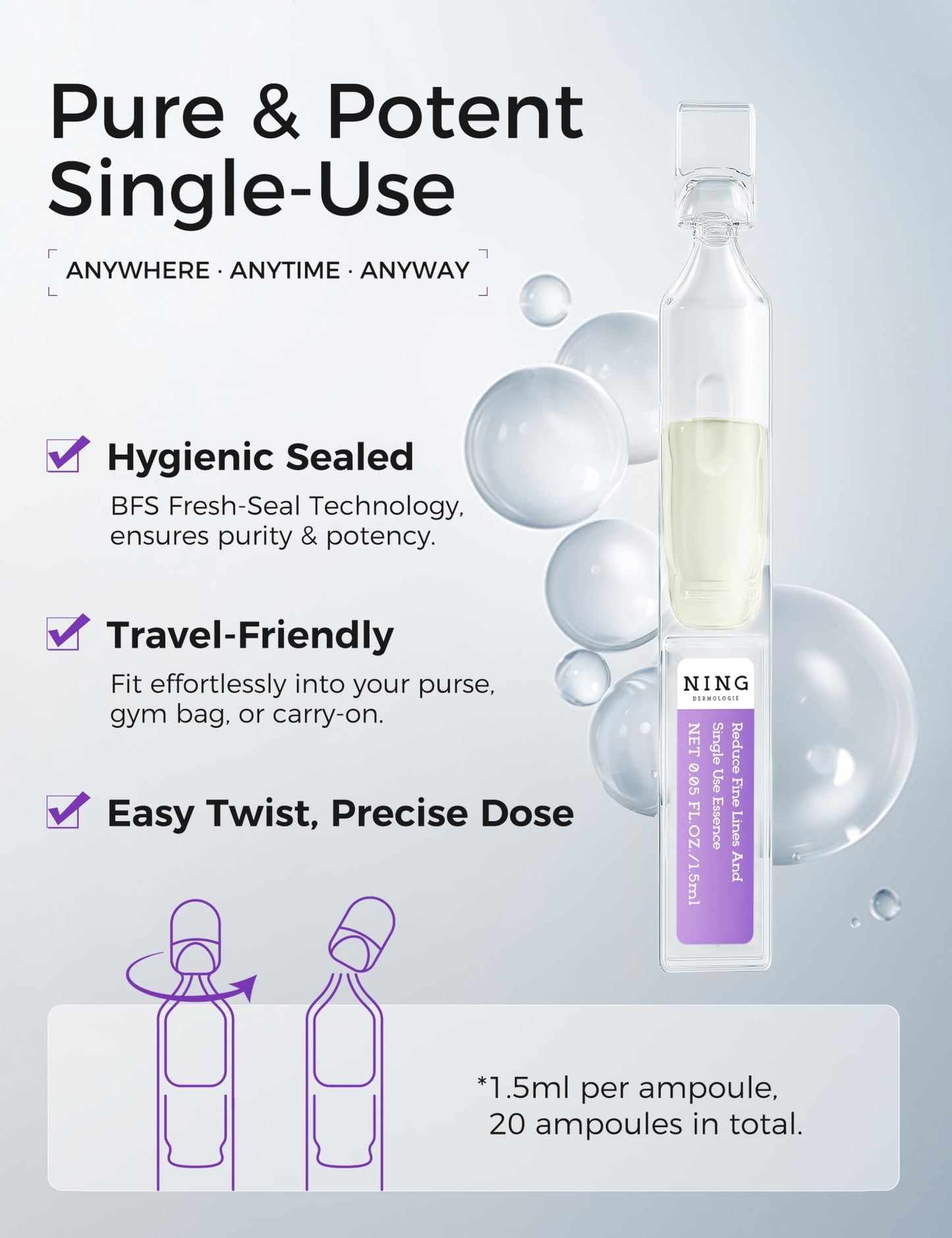 NING DERMOLOGIE Peptides Serum for Face with Retinol, Niacinamide, Panthenol, VC-IP - Anti-Aging Ampoules for Wrinkles Dark Spot&Reduce Fine Line - Single-Use Vials|Korean Skin Care 0.05 fl.oz x 20ex