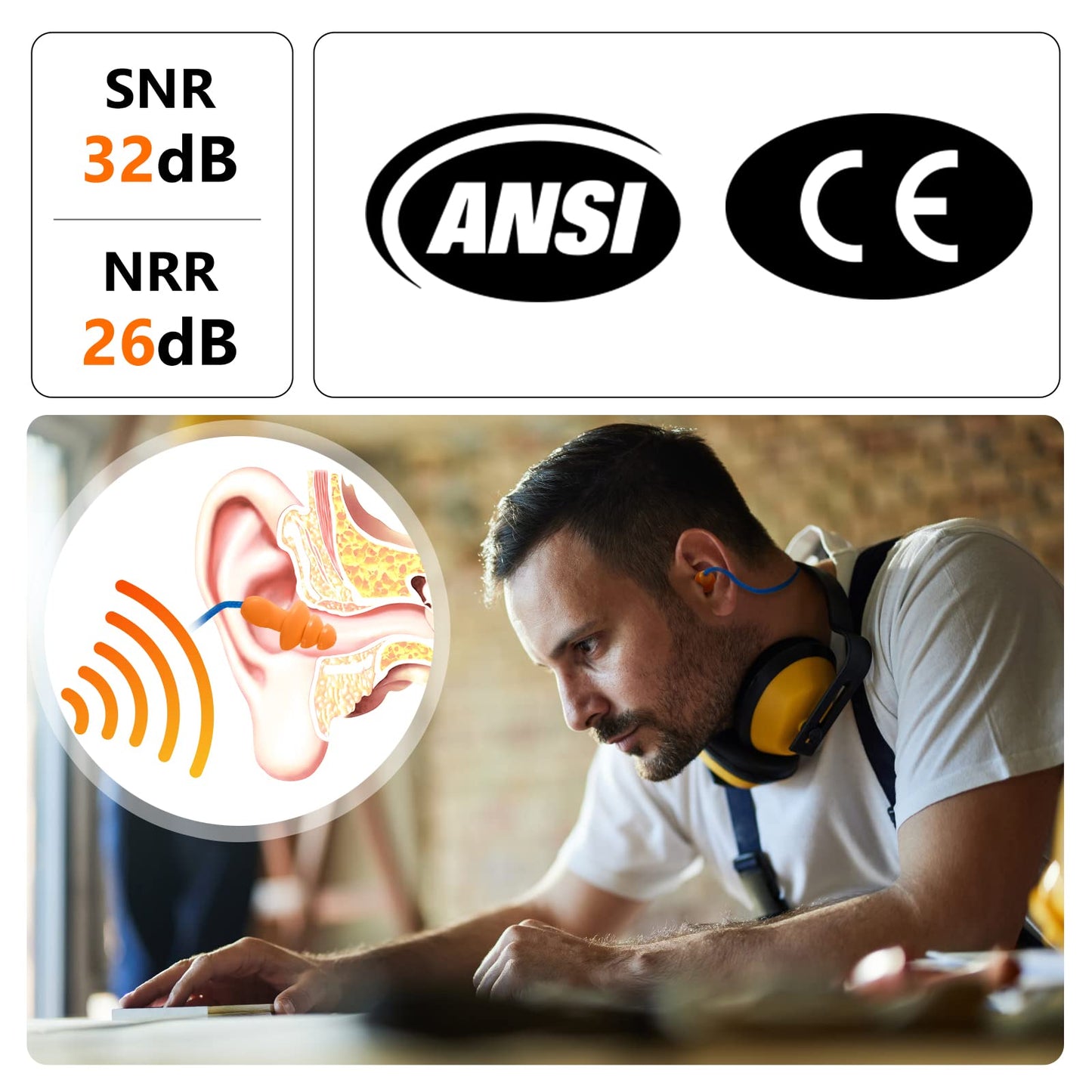 Dison 100Pairs Silicone Ear Plugs, 32dB Corded Reusable Earplugs for Hearing Protection, Noise Reduction for Shooting Range, Work, Travel