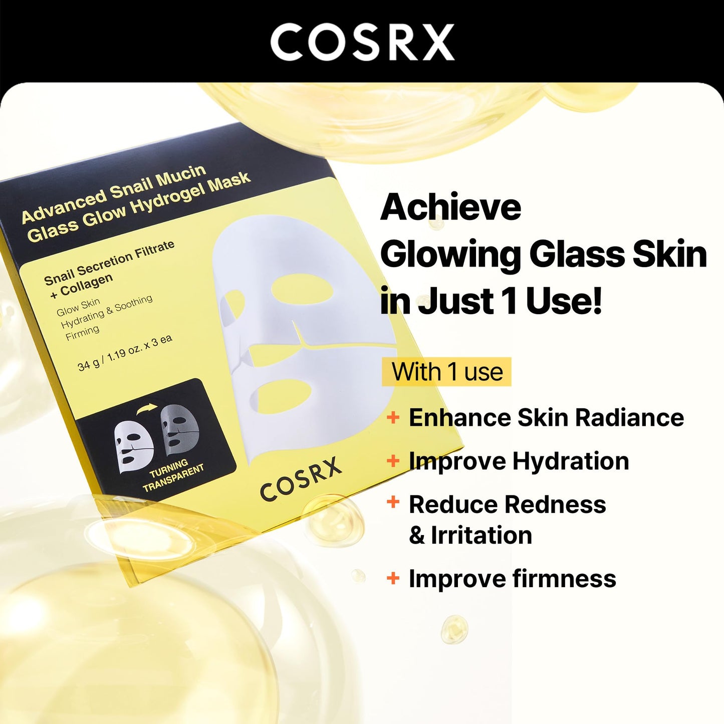 COSRX Advanced Snail Mucin Glass Glow Hydrogel Face Masks Skincare 3 EA, Collagen Face Mask, Travel Essentials, Overnight Face Mask, Korean Skin Care