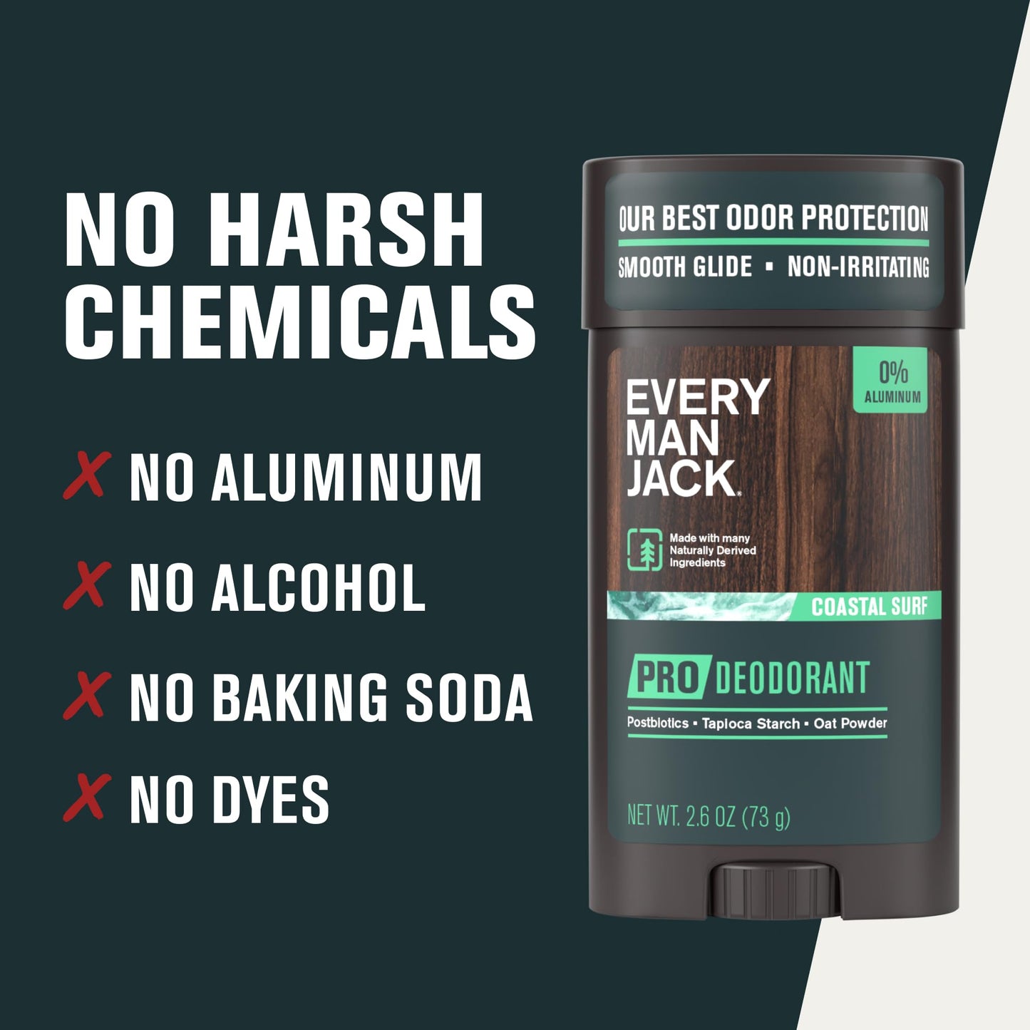Every Man Jack Men's Pro Deodorant - 48-Hour Odor Defense Blend - Aluminum Free - Contains Postbiotics, Tapioca Stach & Oat Powder - Coastal Surf Scent - 2.6 oz (1 Pack)