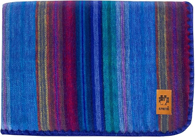 Alpaca Wool Blanket - Twin Size Bed Throw & Warm, Lightweight, Couch or Camp - Outdoor - 75 x 38 Inches (Blue & Purple)