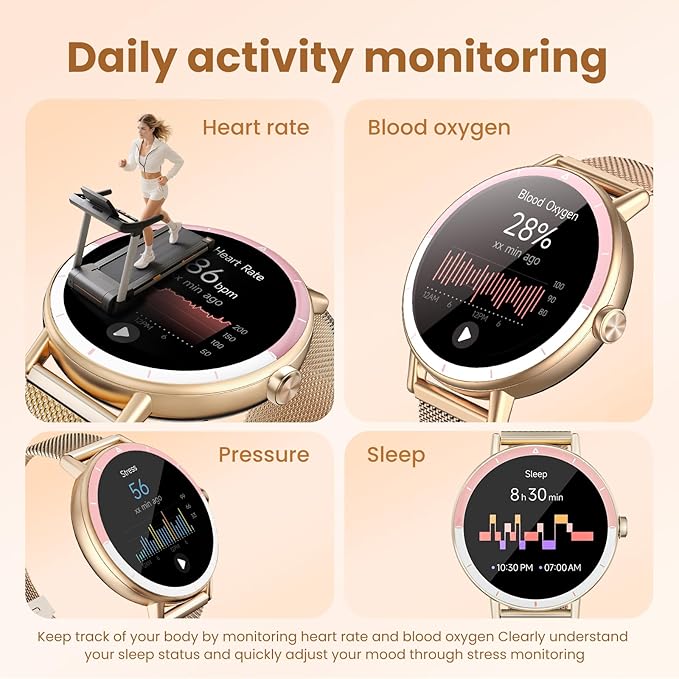 KEEPONFIT Smart Watches for Women Android/iPhone, IP68 Waterproof Fitness Tracker with Bluetooth Calls(Answer&Make), Activity Pedometer/Heart Rate/SpO2 Monitor/100+ Sports Model