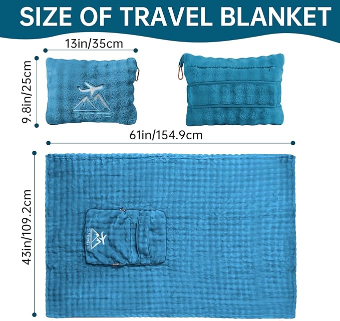 Travel Blanket and Pillow-2-in-1, Ultra-Soft&Compact, One-Piece Airplane Blanket with Hand Luggage Belt and Backpack Clip,Travelers Accessories Gifts, 61x43 Inches (Green)