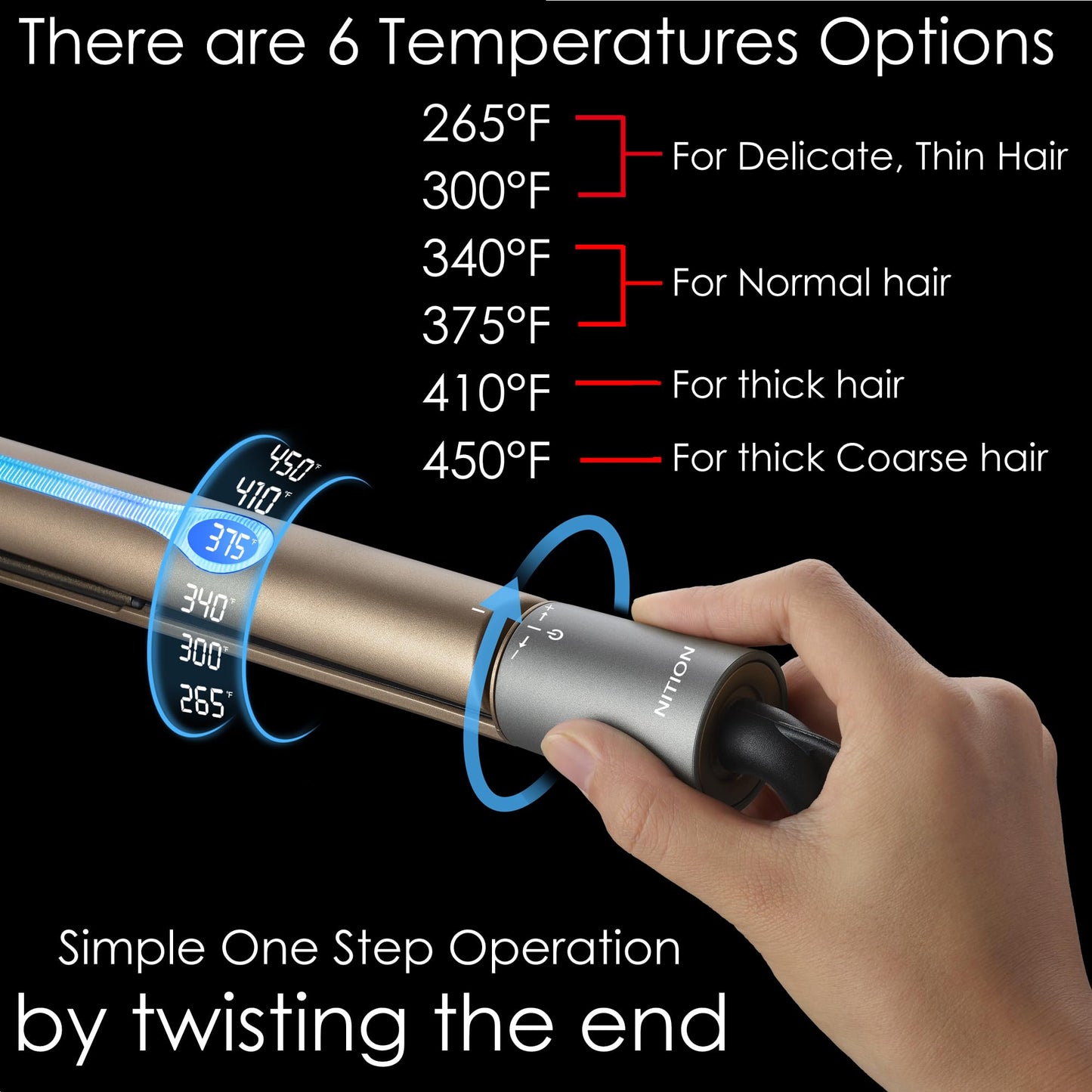 NITION Ceramic Tourmaline Hair Straighteners LCD Flat Iron MCH Fast Heating Up. Healthy Home Straightening Styling Tools with Travel Pouch Bag. 265-450°F Adjustable. 1" Smooth 3D Plate. Dual Voltage