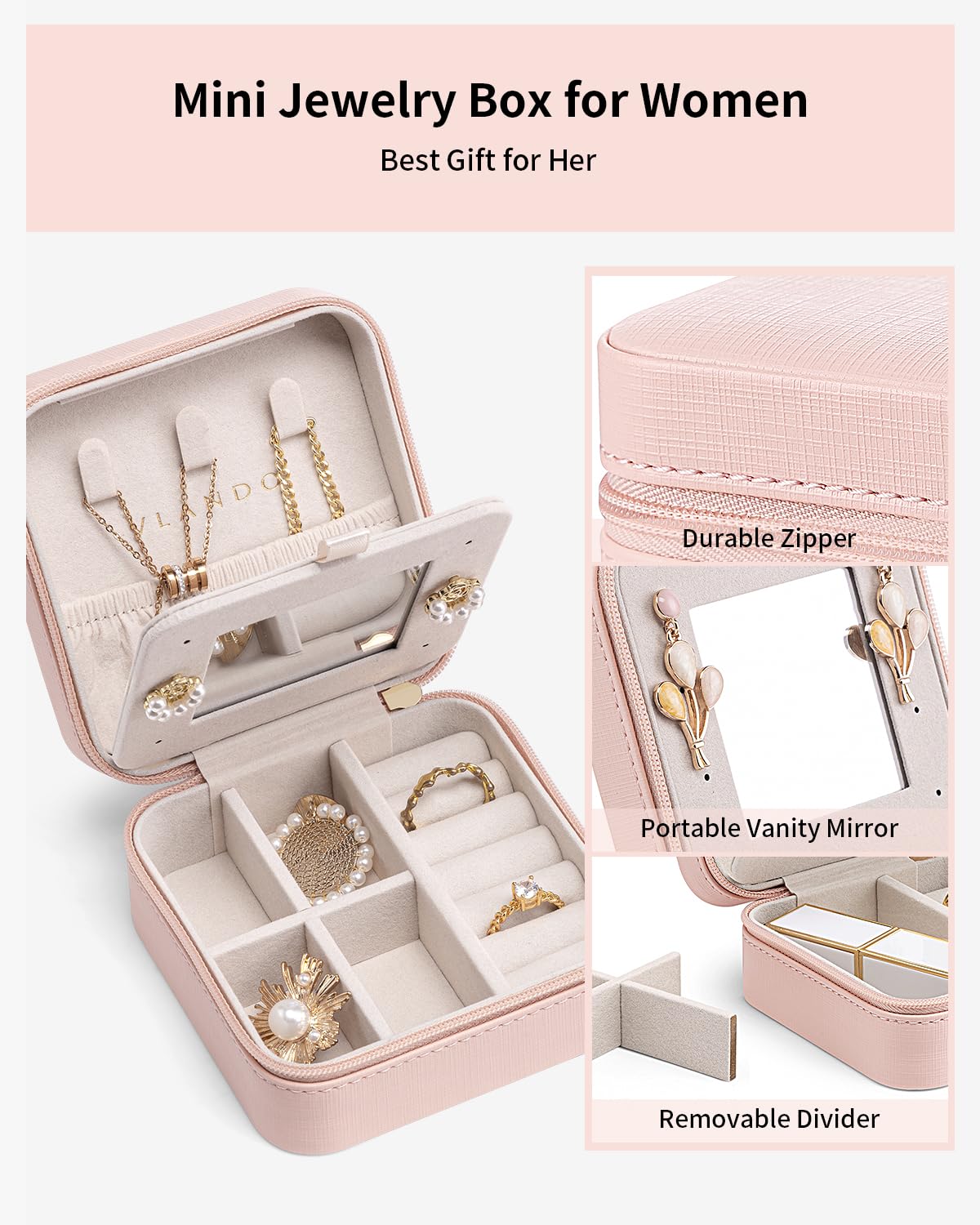 Vlando Mothers Day Gifts - Small Travel Jewelry Box Organizer -Jewelry Display Case for Girls Women Bridesmaid Gift Rings Earrings Necklaces Storage with Mirror Pink