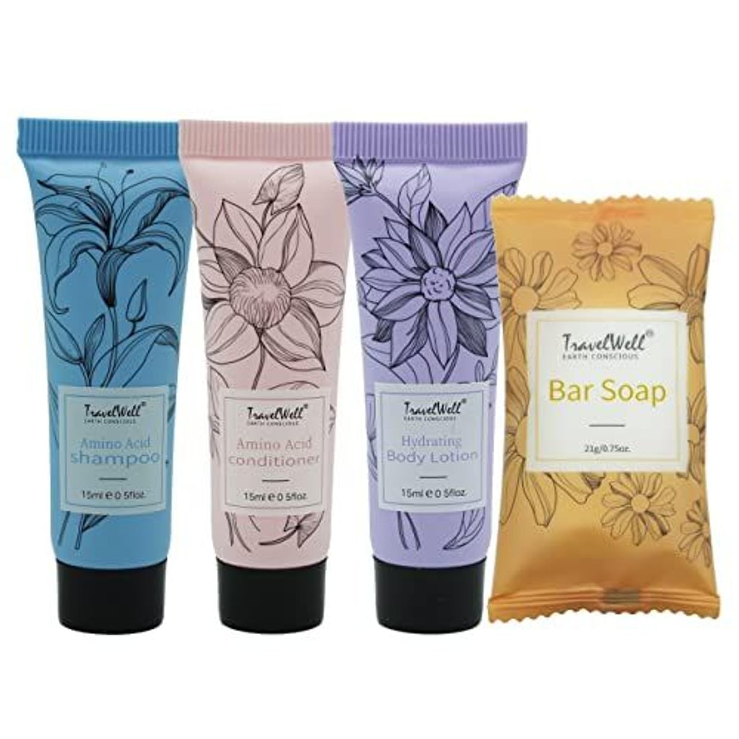 Travel Well Flower Series Mini Hotel Toiletries Bulk Set Individually Wrapped - 60 Sets, 15ml Shampoo, Conditioner, Body Wash & Lotion - 21g Soap Bars - Moisturizing Formula