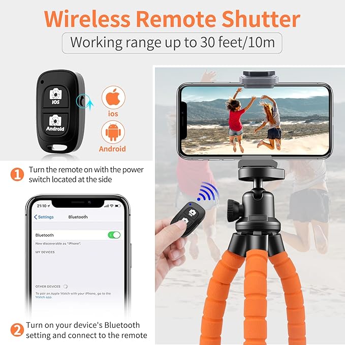 Aureday Phone Tripod, Flexible Tripod for iPhone and Android, Portable with Wireless Remote and Clip for Video Recording/Vlogging/Selfie (Orange)