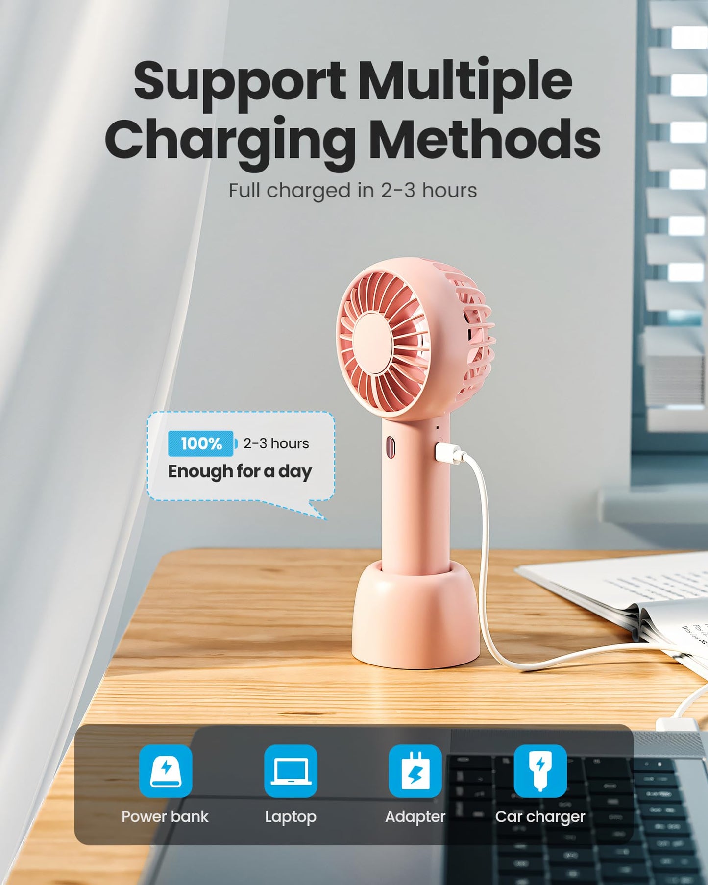 Gaiatop Mini Portable Fan, Small and Powerful, Cute Design 3 Speed Personal Handheld fan and Desktop with Base, Lightweight USB Rechargeable for Travel Lash Makeup Girl Women Summer Gift Pink