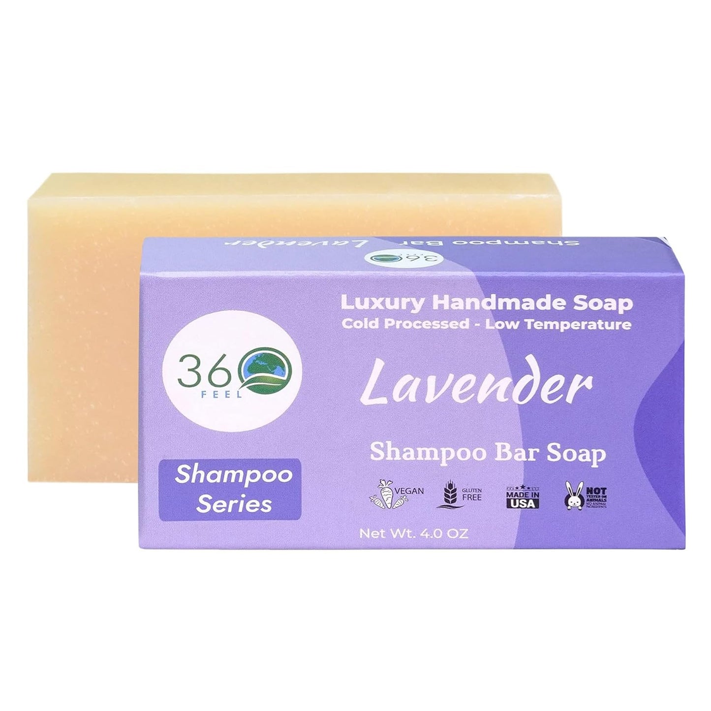 360Feel Lavender Shampoo Bar - Nourishing and Moisturizing Anti-Dandruff Shampoo Bar - Handmade with Essential Oils - Travel Friendly and Compact - Zero Harsh Additives - 3.5 Ounce