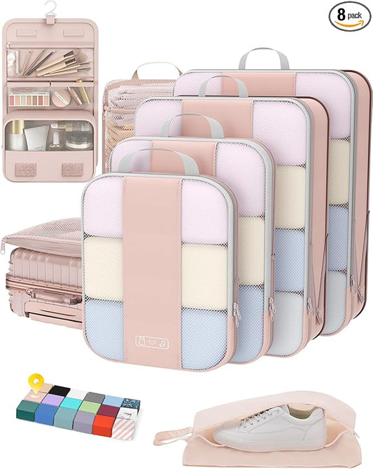 8 Set Compression Packing Cubes for Travel Essentials,Compressible Expandable Packing Cubes for Suitcase,OlarHike Luggage Organizer Bags for Travel,Handy Helper for Organizing Clothes(Beige)