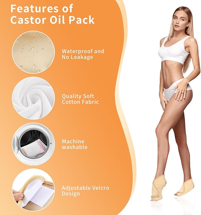 Castor Oil Pack, Reusable Castor Oil Packs Kit Adjustable Elastic Castor Oil Cloth Safe Organic German Cotton Plus Size for Belly, Waist, Back, Neck and Joint Care (Feet Pack)