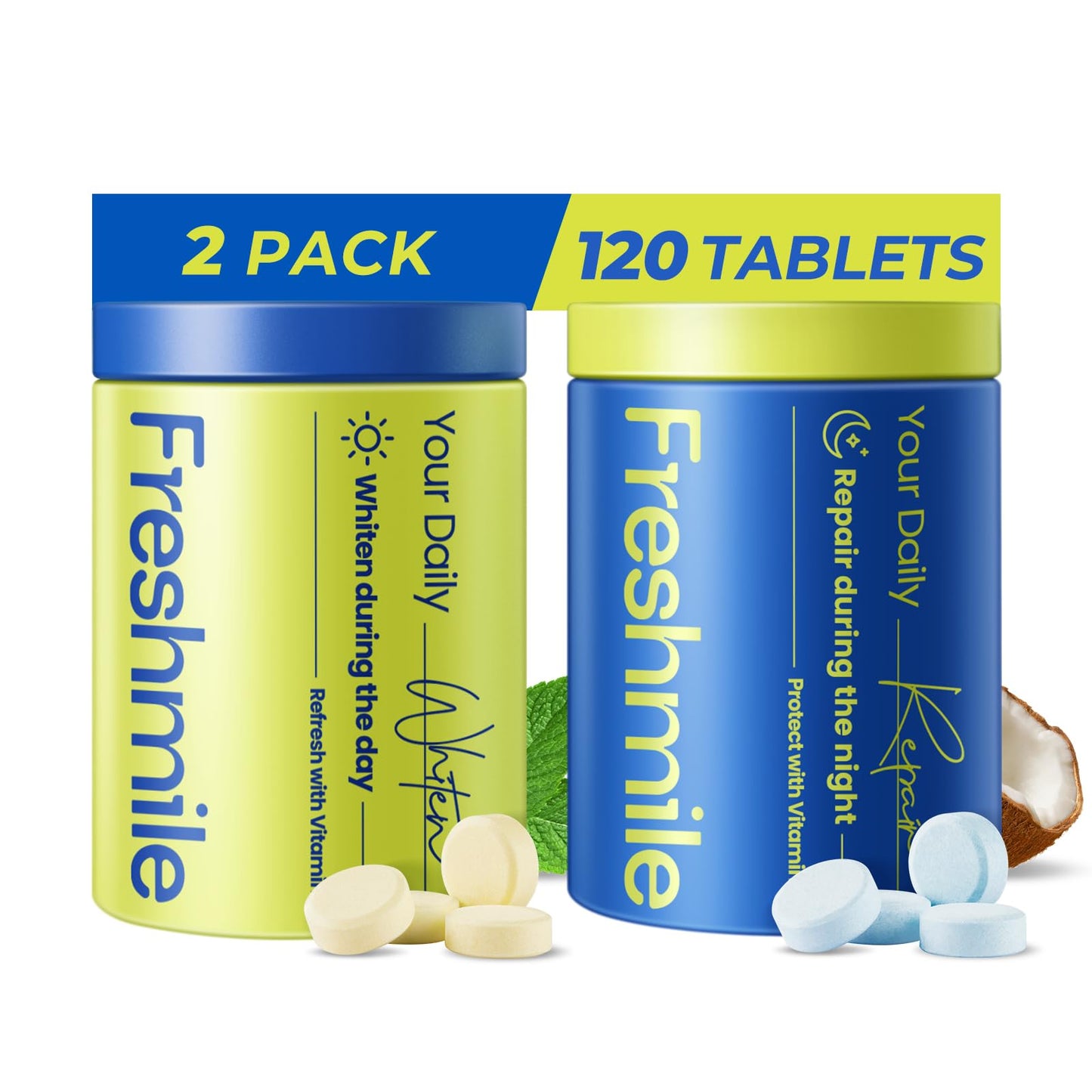 Freshmile Whitening Toothpaste Tablets with Nano-Hydroxyapatite (NHA), Natural Teeth Whitening & Repair, Xylitol for Fresh Breath, Fluoride-Free, Protects Sensitive Teeth & Gums (120 Count)