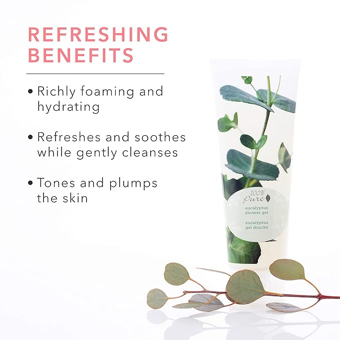 100% PURE Eucalyptus Shower Gel Natural Foaming & Hydrating Body Wash - Deeply Moisturizing Gentle Soap Cleanser for All Skin Types, Even Sensitive - Gluten-Free - 8 Fl Oz