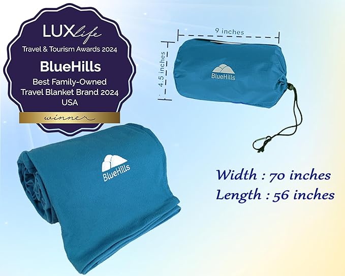BlueHills Ultra Compact Travel Blankets for Two with Portable Carry Case Case Premium Soft Plush Large Airplane Blankets 2 Pack for Car Plane Train Hotel Layover Peacock -C204-2pk-Teal