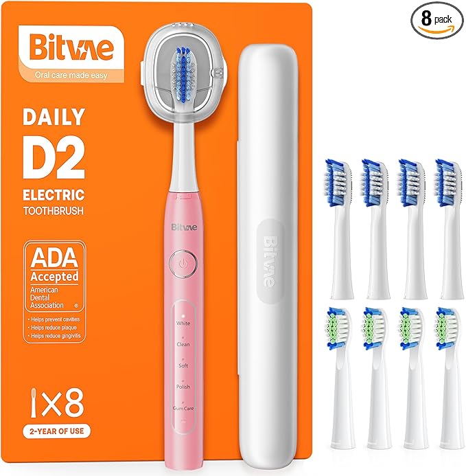 Bitvae Ultrasonic Electric Toothbrush for Adults and Kids, ADA Accepted Travel Electric Toothbrush with Rechargeable 60-Day Battery Life, 8 Heads, 5 Modes, Case/Holder, Quartz Pink