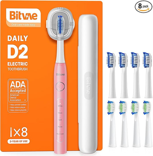 Bitvae Ultrasonic Electric Toothbrush for Adults and Kids, ADA Accepted Travel Electric Toothbrush with Rechargeable 60-Day Battery Life, 8 Heads, 5 Modes, Case/Holder, Quartz Pink