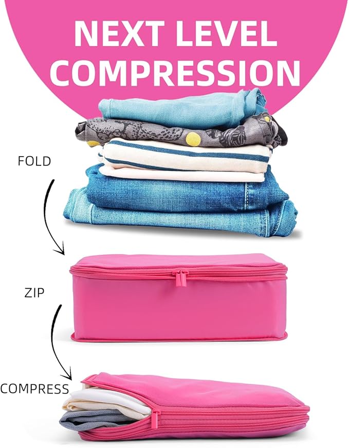 Compression Cubes, XL/L/M/S Travel Luggage Organizers (6 Set, Rose Red)