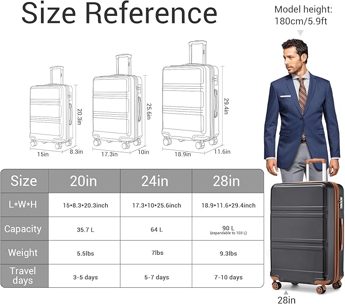 Kono 3 Piece Luggage Sets Expandable(only 28") Lightweight with Spinner Wheels TSA Lock Hardside Travel Rolling Suitcases 20in 24in 28in Carry on Black