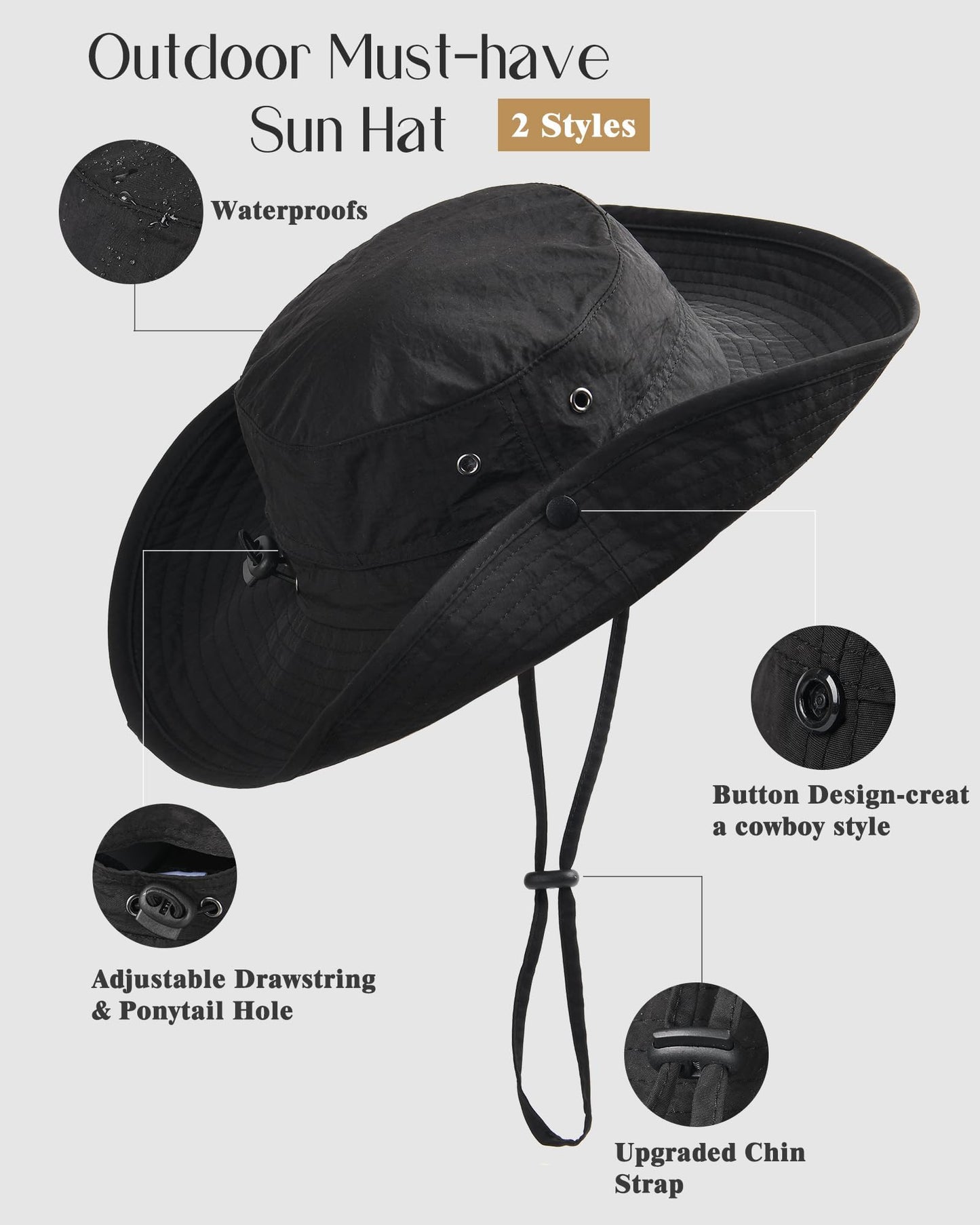 FURTALK Sun Hats for Women Ponytail UPF 50+ Beach Summer Hat Wide Brim Packable Cowboy Hat Pure Black