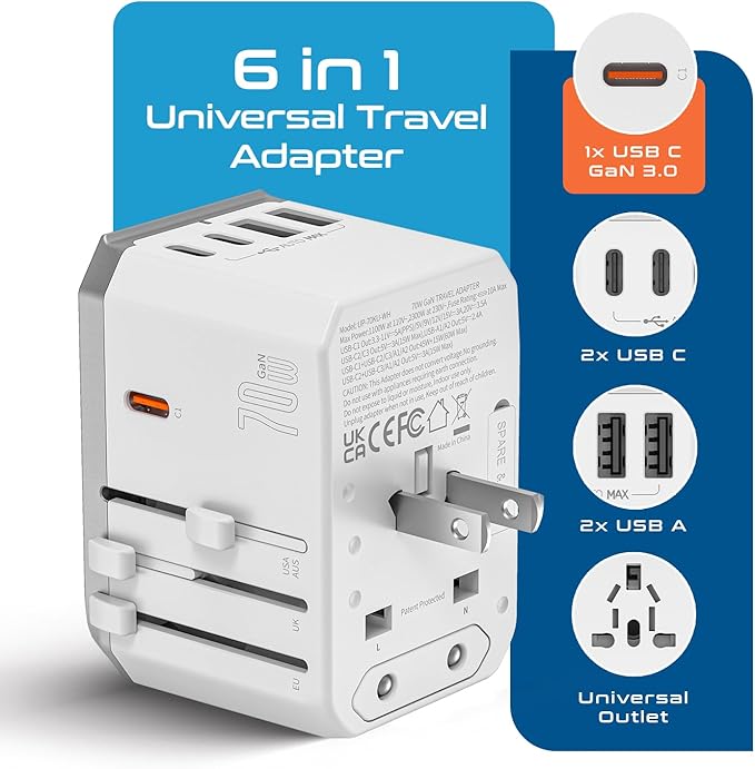 Ceptics 6 in 1 Universal Travel Adapter with PD 70W USB-C and 2X USB-A and 2X USB-C 3A, Universal Charger with QC 3.0 for US/EU/UK/AU, Universal Power Adapter with Type I C G A Outlets