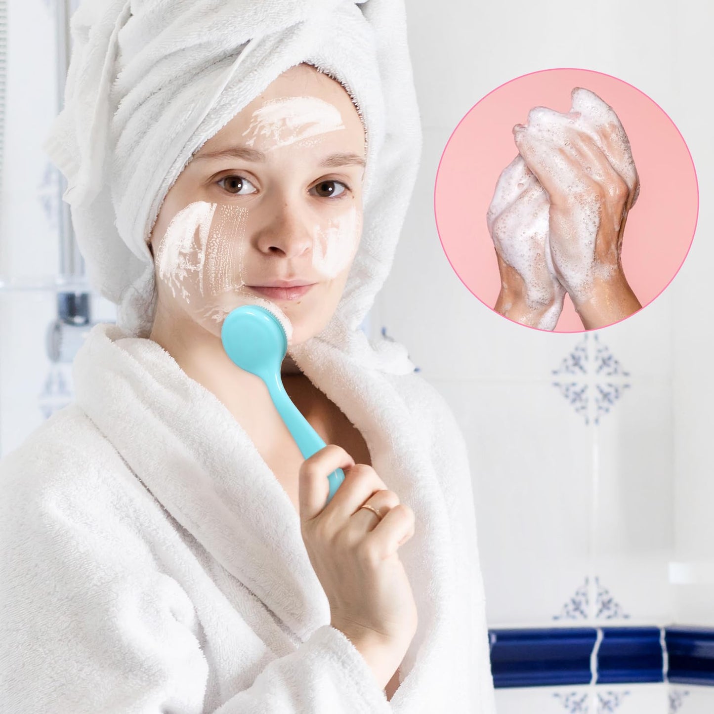 2 Pcs Silicone Manual Facial Cleansing Brush Soft Face Scrubber Exfoliating Brush Waterproof Face Cleaning Scrubber Exfoliator Cleanser for Blackheads Makeup Residues Removal(Pink, Blue)