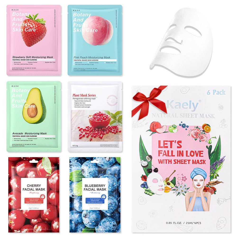 6 PCS Real Nature Hydrating Strawberry Cherry Peach Face Mask skincare, Hyaluronic Acid, Vitamin C and E, Chamomile, Korean Beauty Essence Facial Paper Sheet Mask for Skin Care Moisturizing
