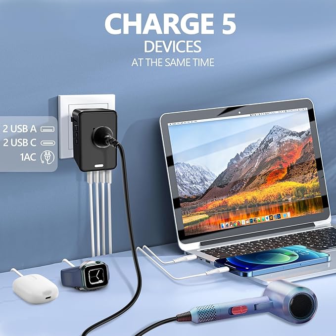 220V to 110V Voltage Converter US to Europe for Hair Dryer with Fast Charging 2 USB A 2 USB C, Power Converter Adapter Combo International Adapter A C G I (Black)