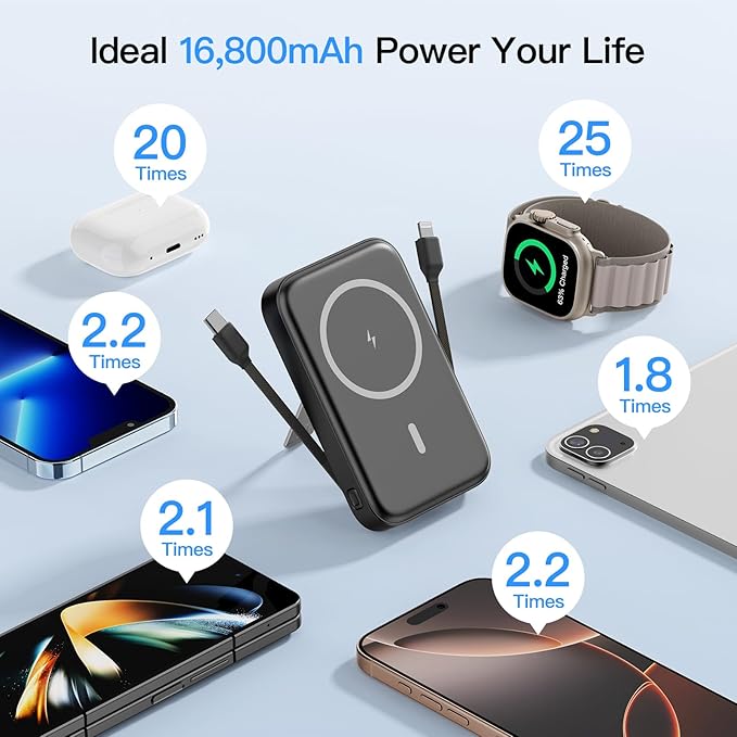 2025 Latest Portable Charger, 16800mAh Magnetic Wireless Power Bank with 2 Built in Cables, LED Display Battery Pack Travel Essentials for iPhone 16/15/14/13/12/Pro/Mini/Pro Max Andriod