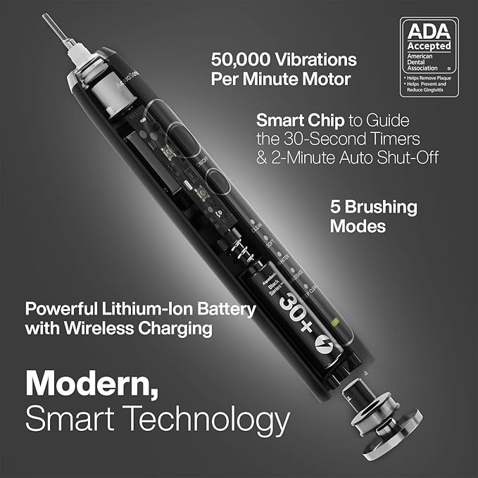 Aquasonic Black Series PRO UV – Ultra-Whitening Electric Toothbrush – 5 Modes & Smart Timers – UV Sanitizing Base, Premium Travel Case & 6 Proflex Brush Heads – ADA Accepted