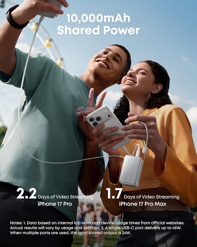 Anker Nano Portable Charger, 10,000mAh 45W Max Compact Power Bank, Travel Essential Phone Battery Pack with 2.3 ft InstaCord Retractable Cable for iPhone 17/16 Series, iPad, Galaxy, Pixel, and More