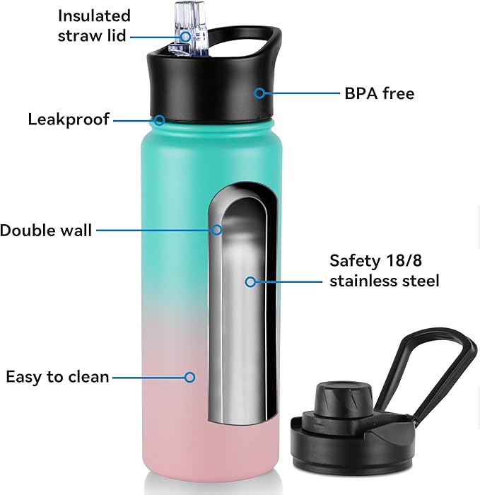 24oz Insulated Water Bottle with Straw Lid, Stainless Steel Metal Water Bottle with Straw & Wide Mouth Lid, Double Wall Vacuum Water Bottle for Hiking Camping, Bubble Gum 4 Pack